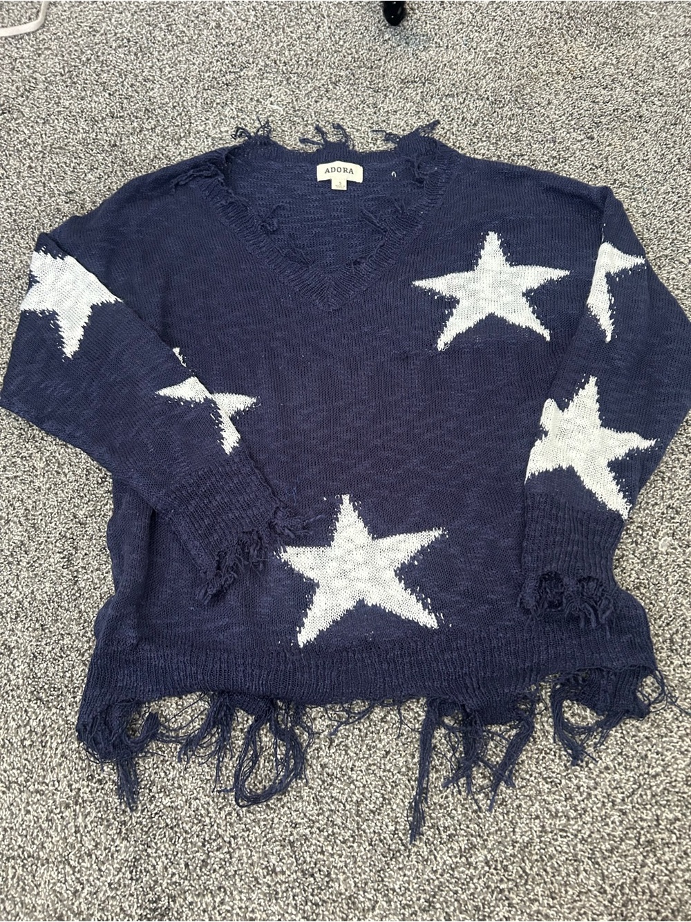 ADORA Navy & White Star Distressed V-Neck Sweater